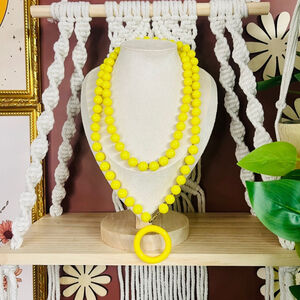 Groovy Vintage Acrylic Necklace Yellow Beaded Retro Mod Style Jewelry